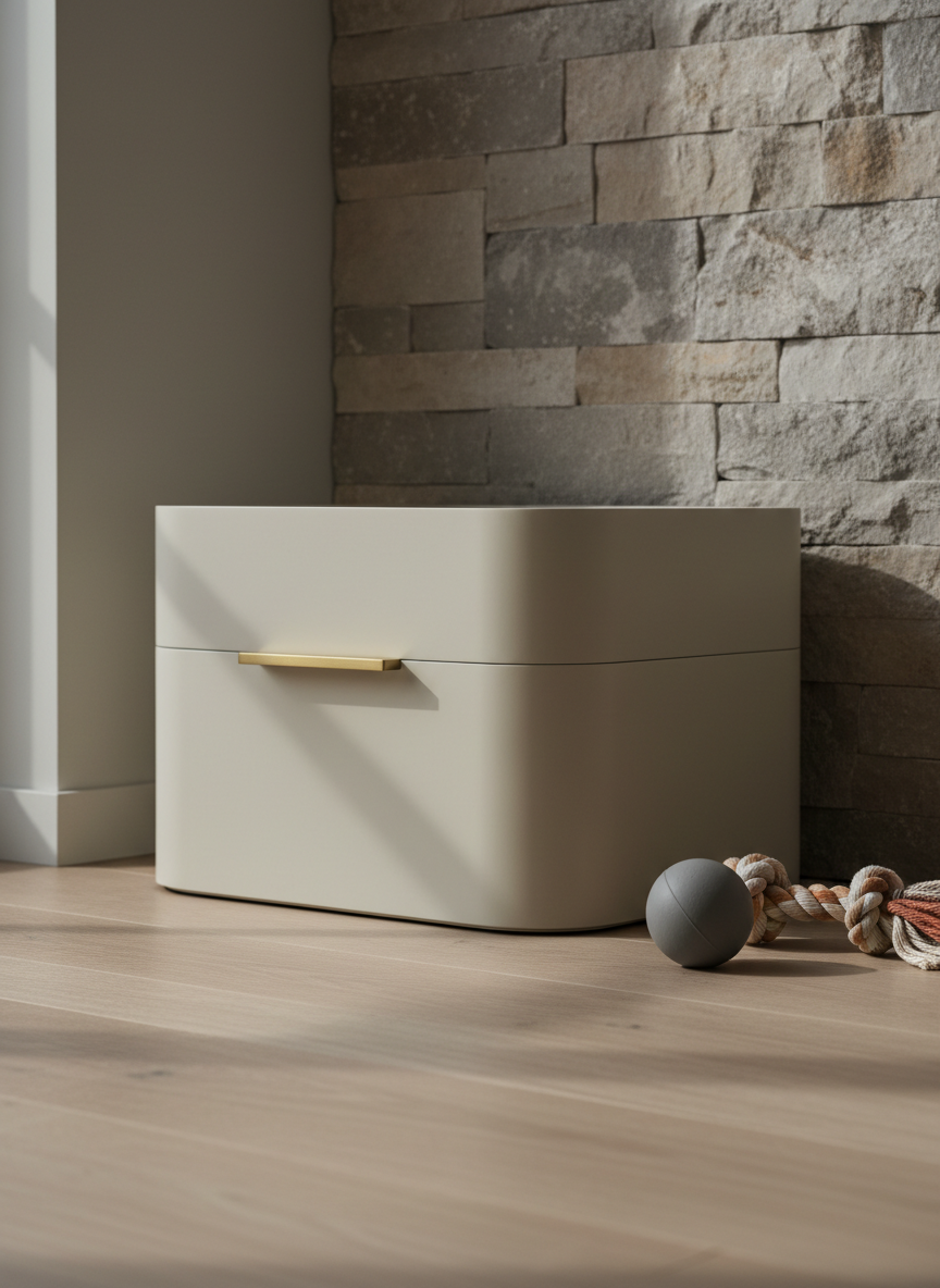 A refined pet toy storage box in matte ecru lacquer with softly rounded edges and a slim, brushed brass handle, positioned neatly at the intersection of a pale oak floor and a stone accent wall. Beside it, a single sculptural rubber ball and a braided cotton rope toy in muted earth tones rest casually, carefully arranged. Soft, diffused daylight spills in from an unseen window, reflecting lightly off the lacquer surface and creating gentle shadows around the objects. The atmosphere is orderly and calm, suggesting curated simplicity. Photographic realism, captured from a low, close-up angle with shallow depth of field, focusing on the box’s surface quality, hardware detailing, and its role as a discreet, elegant storage solution within a sophisticated home.
