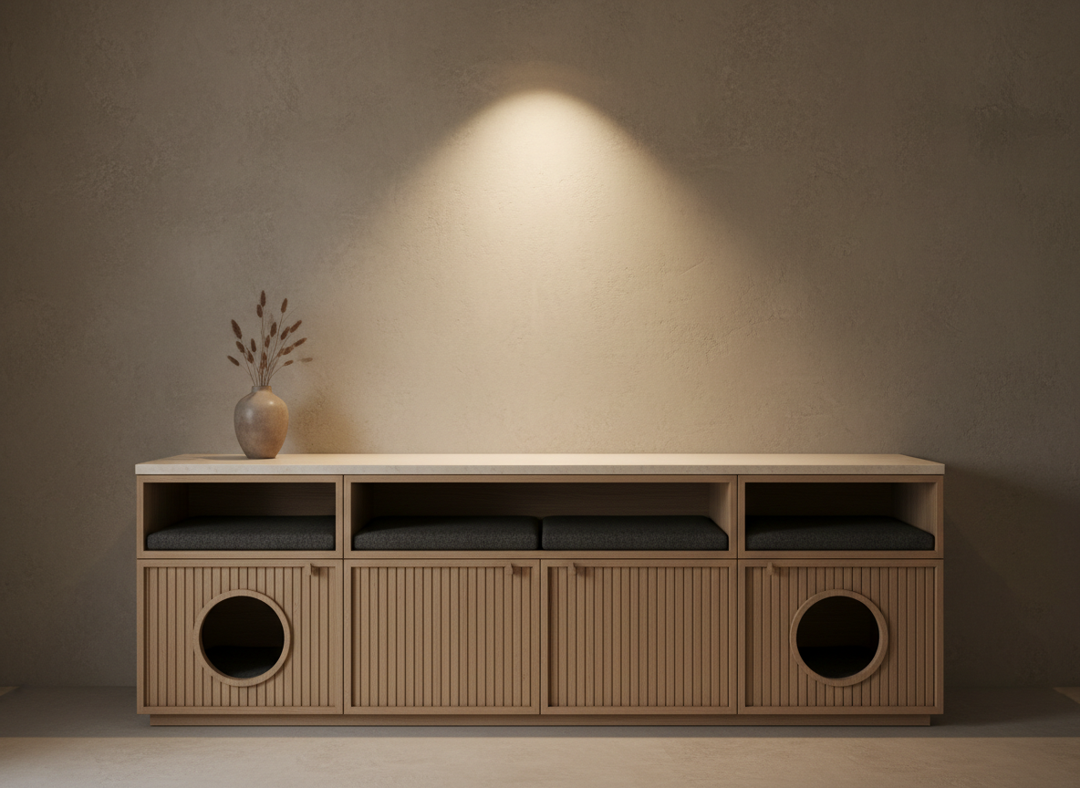 A multi-level pet lounge console that doubles as a sideboard, featuring fluted oak doors, integrated hideaway cubbies lined with charcoal felt, and a smooth limestone top. It is placed against a textured plaster wall in warm greige, with a single minimalist ceramic vase on its surface. Overhead, a concealed track light casts a gentle spotlight that glides across the limestone, leaving the lower cubbies in soft shadow, hinting at cozy retreat spaces. The ambiance is refined and architectural. Photographic realism, shot from a straight-on perspective with wide framing to show the full piece, maintaining sharp focus to highlight joinery details, material transitions, and the harmonious blend of decor and pet-specific functionality.