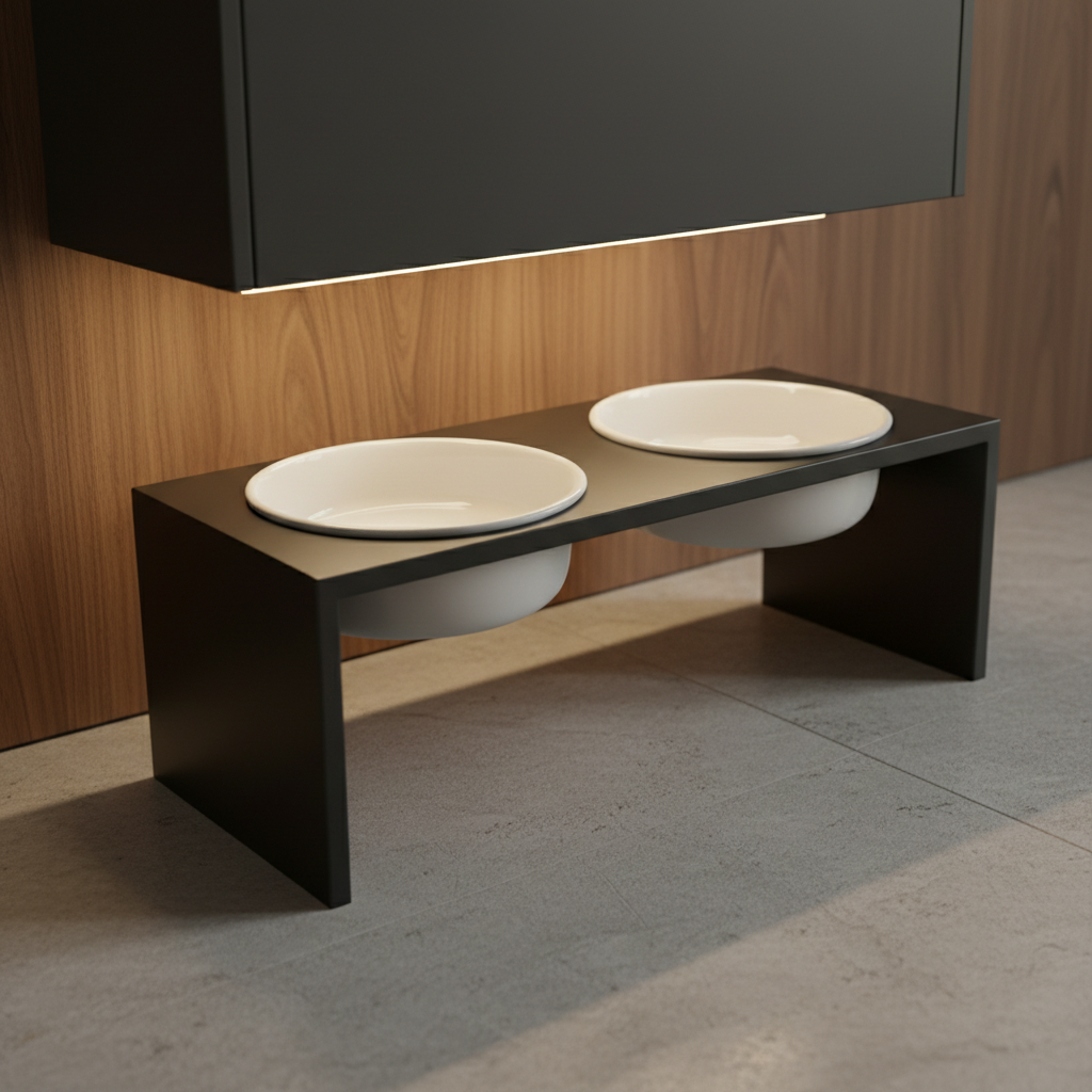 A sleek elevated pet feeder in matte black metal with two perfectly aligned white porcelain bowls, their surfaces smooth and reflective. The feeder stands parallel to a wall clad in warm walnut paneling, resting on a honed light-stone floor. A linear LED strip under a floating cabinet above casts soft, warm light downward, creating a thin highlight along the feeder’s top edge and a sharp, refined shadow behind it. The atmosphere is calm and deliberate, with a clean, almost gallery-like aesthetic. Photographic realism, captured from a slightly elevated angle following the rule of thirds, with the background subtly blurred to focus on the elegant, architectural lines of the design.