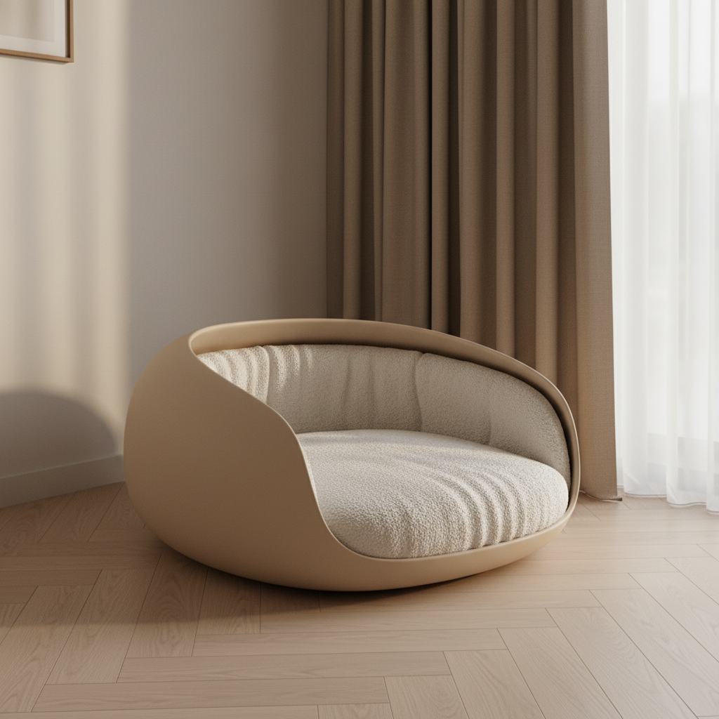 A sculptural pet bed shaped like a low, open capsule, constructed from smooth, matte sand-colored fiberglass with an interior lined in plush, textured boucle fabric in off-white. Positioned in the corner of a refined bedroom, it rests on a pale oak herringbone floor beside a floor-to-ceiling curtain in soft taupe. Morning light filters through sheer drapes, creating diffused illumination that gently reveals the curvature of the bed and the richness of the textiles. The mood is serene and luxurious. Photographic realism, captured from a three-quarter angle with moderate depth of field, showcasing how the bed integrates seamlessly into a high-end, design-forward space.