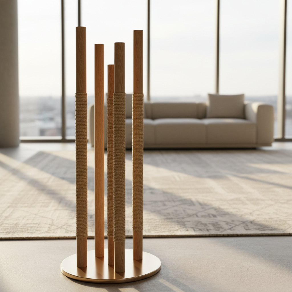 A contemporary scratching post tower composed of slim, vertical oak columns wrapped partially in tightly woven natural sisal, anchored on a round, thin metal base in brushed champagne. The tower stands in a spacious, uncluttered living area with a large, neutral-toned wool rug and a low-profile sofa in the distance. Late afternoon golden-hour light enters from tall windows, casting elongated shadows that echo the verticality of the structure. The mood is elegant and sculptural, treating the scratching post like a design object. Photographic realism, captured at eye level with an asymmetrical composition and soft bokeh in the background, drawing the viewer’s attention to materials, proportions, and tactile surfaces.