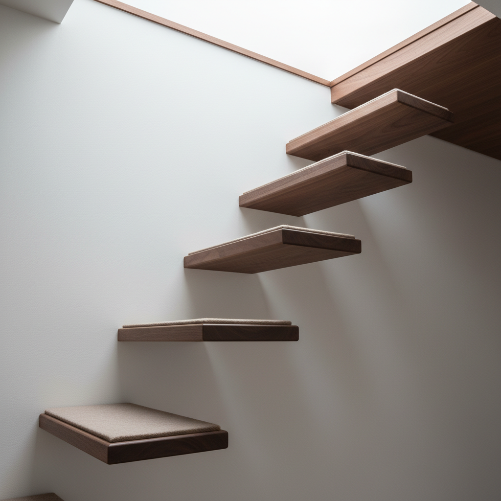 A wall-mounted pet staircase with staggered, floating platforms made of solid walnut and covered with thin, taupe wool felt pads, each edge chamfered with precision. The staircase ascends along a matte white wall toward a built-in wooden ledge, forming a subtle architectural feature. Indirect natural light from a nearby skylight washes down the wall, producing soft gradients and delicate shadows beneath each step. The scene is quiet and architectural, almost like a modern art installation. Photographic realism, shot from a low-angle perspective to emphasize verticality, with sharp focus throughout, highlighting craftsmanship, grain patterns in the wood, and the staircase’s integration into a sophisticated interior.