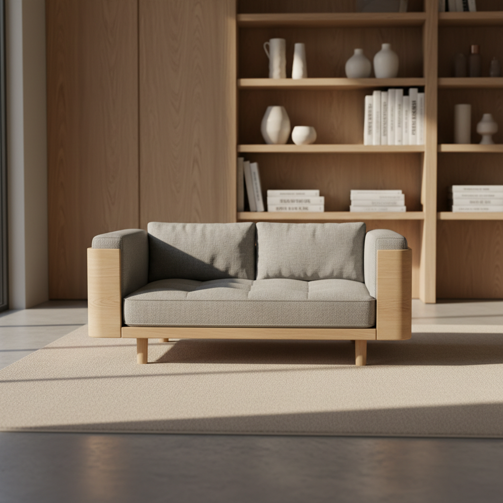 A refined modular pet sofa crafted from pale oak wood with rounded corners and a low, comfortable profile, upholstered in dove-gray, scratch-resistant fabric. The piece sits centered in a minimalist living room with polished concrete floors and a soft beige rug. In the background, built-in shelving displays curated ceramic vases and design books, all in muted tones. Gentle afternoon natural light enters from a large unseen window to the left, casting long, elegant shadows and subtle highlights on the wood grain. Photographic realism, shot at eye level with a shallow depth of field, emphasizing the texture of the fabric and the seamless integration of the pet furniture into a sophisticated, contemporary interior.